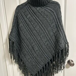 Charcoal Cable-Knit Fringe Poncho Sweater